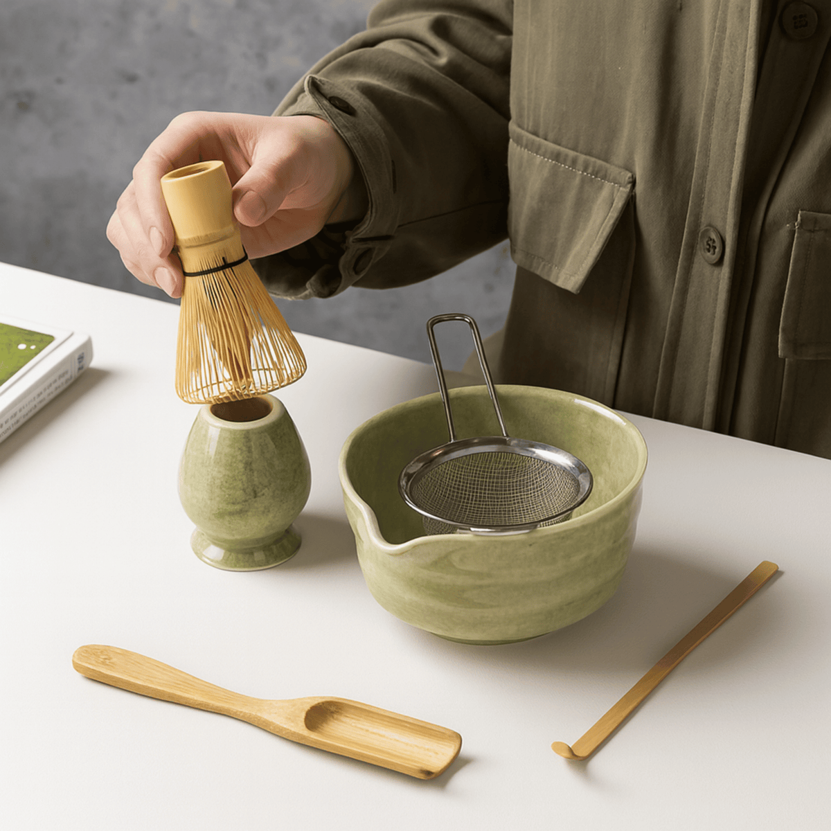 Matcha Thee Set 6-Delig Keramiek Bamboe Klopper Kom Lepel Zeef Traditioneel Japans Ceremonie Ritueel | Sansoti