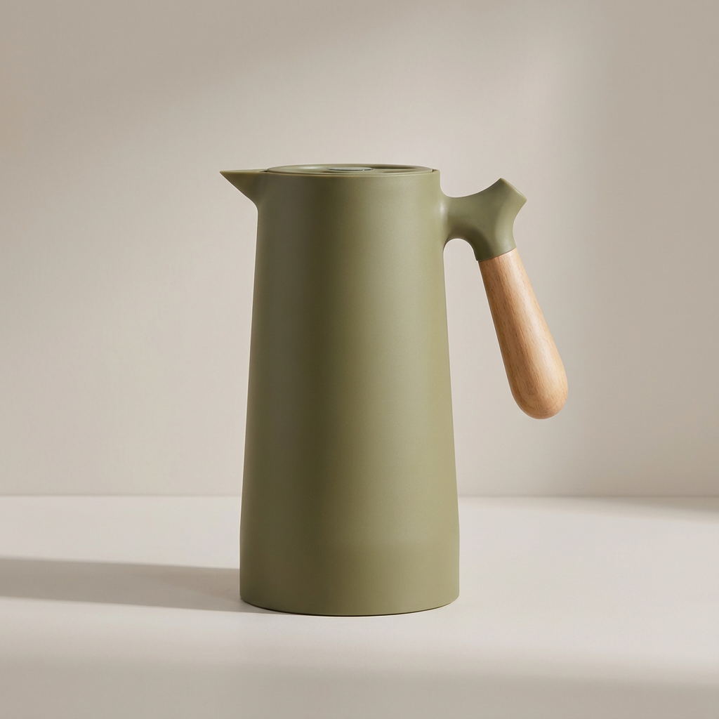 Vacuüm Isoleerkan met Houten Handvat 1 Liter | Thermosfles voor Koffie Thee Water | Dubbelwandige Thermoskan met Drukknop | Sansoti