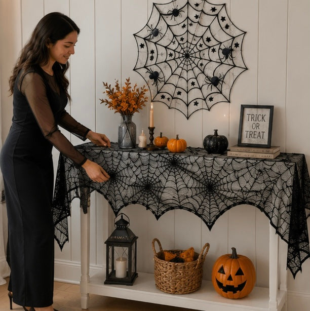 Lace Spiderweb Table Runner Black 18x73 inch Halloween Gothic Decor Mantel Table Party Decoration | Sansoti