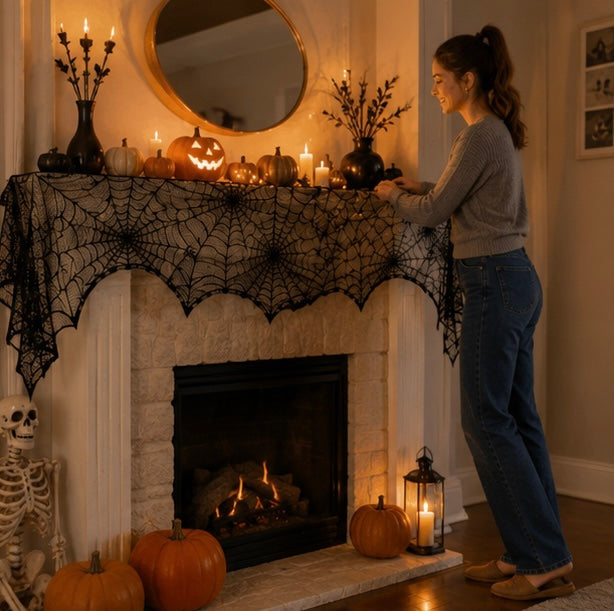 Lace Spiderweb Table Runner Black 18x73 inch Halloween Gothic Decor Mantel Table Party Decoration | Sansoti