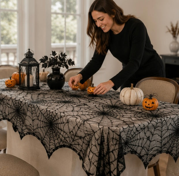 Lace Spiderweb Table Runner Black 18x73 inch Halloween Gothic Decor Mantel Table Party Decoration | Sansoti