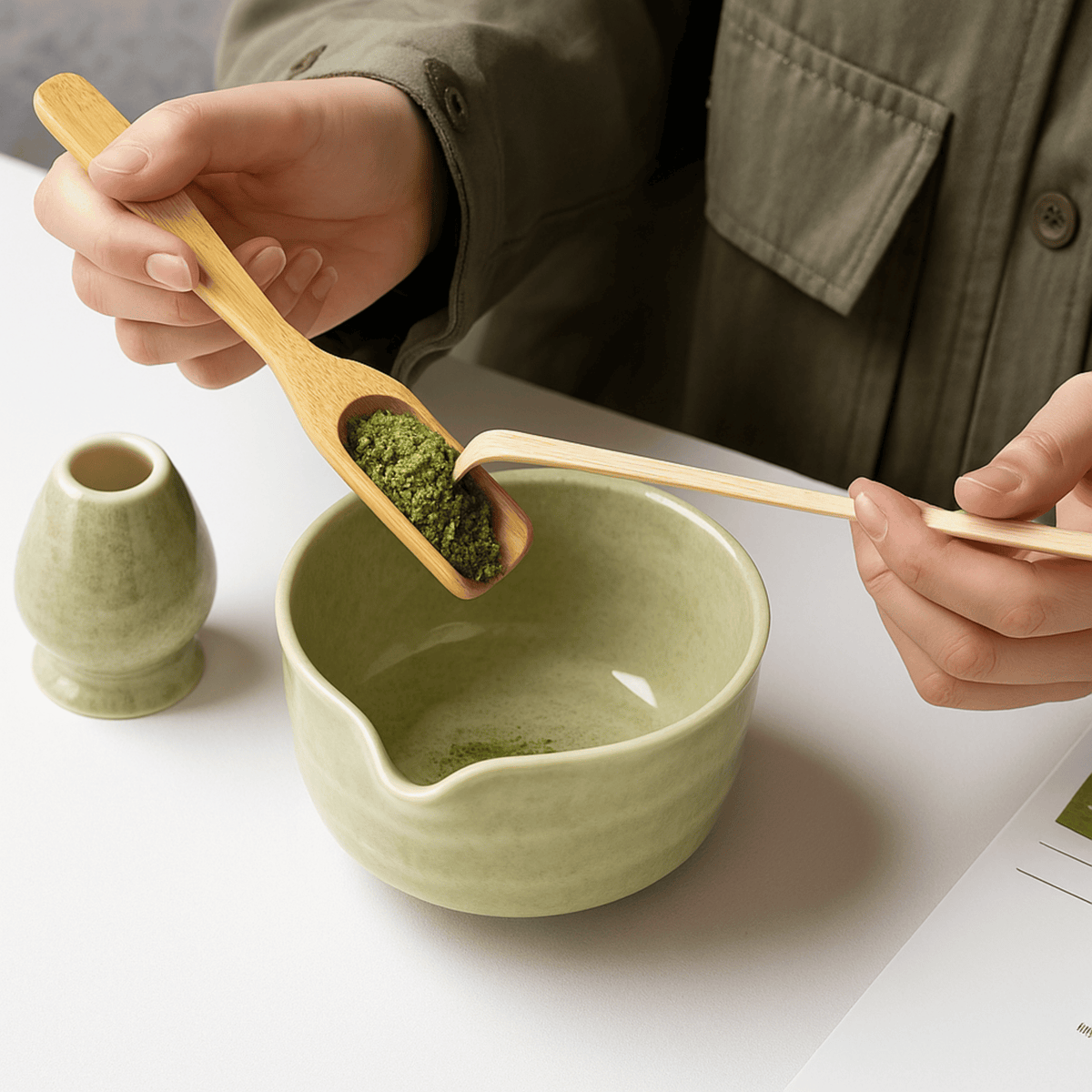 Matcha Thee Set 6-Delig Keramiek Bamboe Klopper Kom Lepel Zeef Traditioneel Japans Ceremonie Ritueel | Sansoti