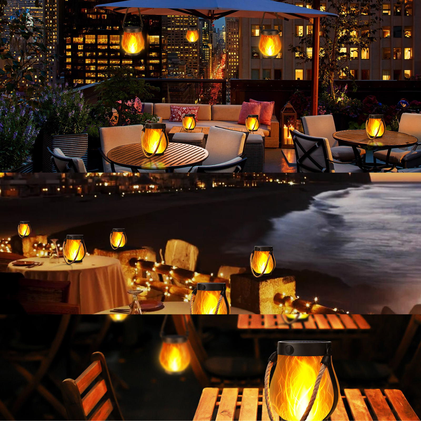 Solar Lantaarn met Vlameffect LED Verlichting Inclusief USB Oplaadoptie Weersbestendig Tuinverlichting Automatische Schemersensor Draadloos Buiten Terras Balkon | Sansoti