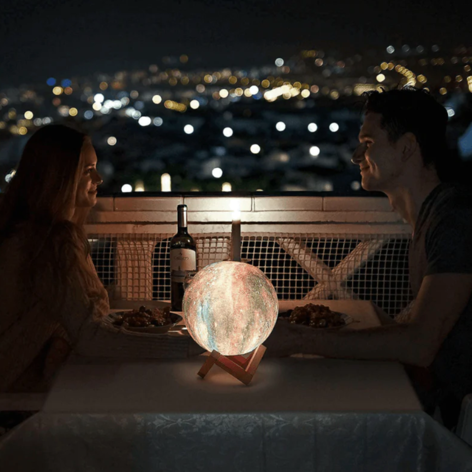 3D Galaxie Maanlamp met Houten Standaard Draadloos Dimbaar Sfeerverlichting Nachtlampje Tafelverlichting 16 Kleuren LED | Sansoti