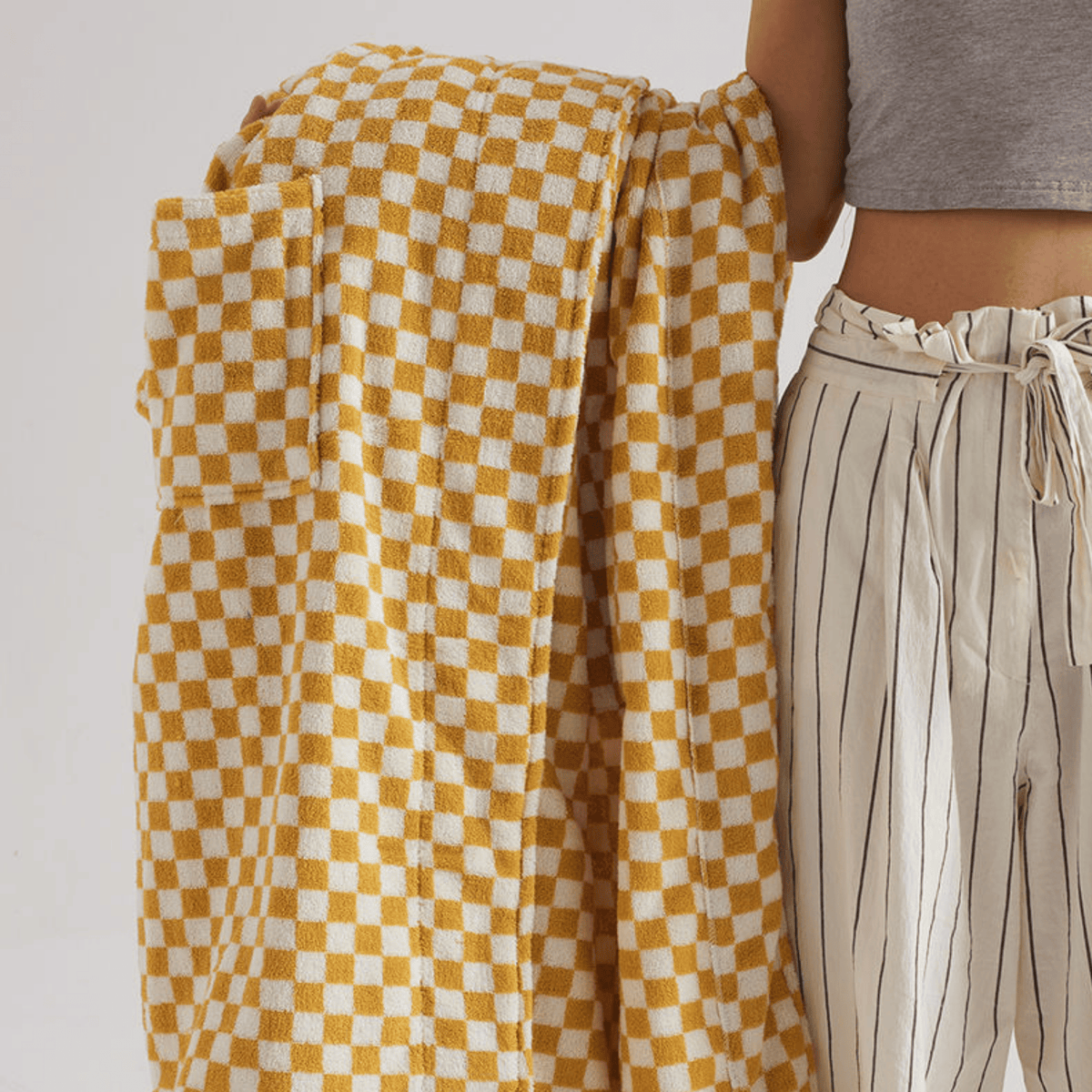 Organic Cotton Bathrobe with Checked Jacquard Weave Texture Green Yellow Loungewear Wellness Spa Women's | Sansoti