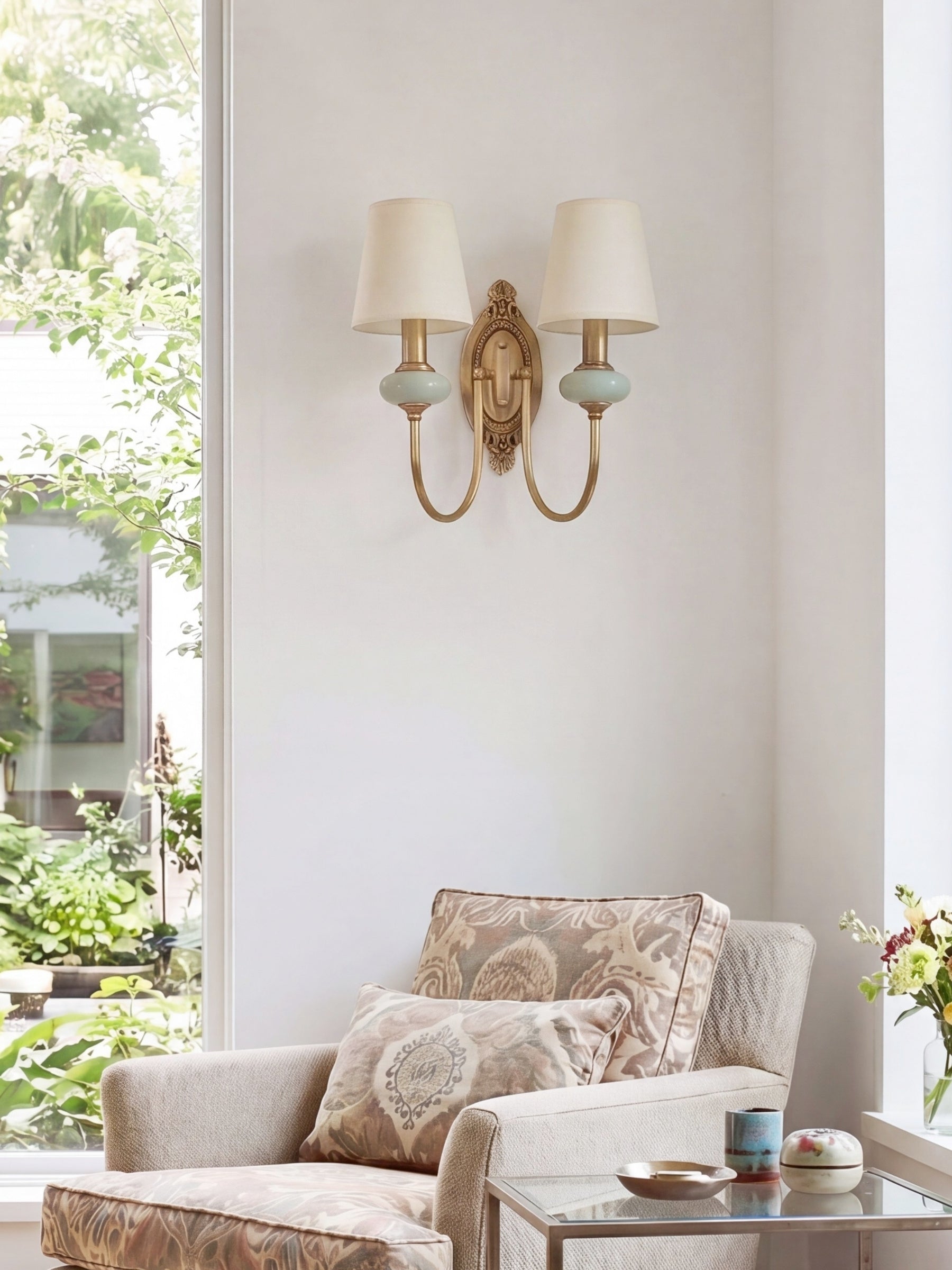 Keramische wandlamp met stoffen kap - 1 of 2 lichtpunten - E27 - diverse kleuren & stijlen | Sansoti