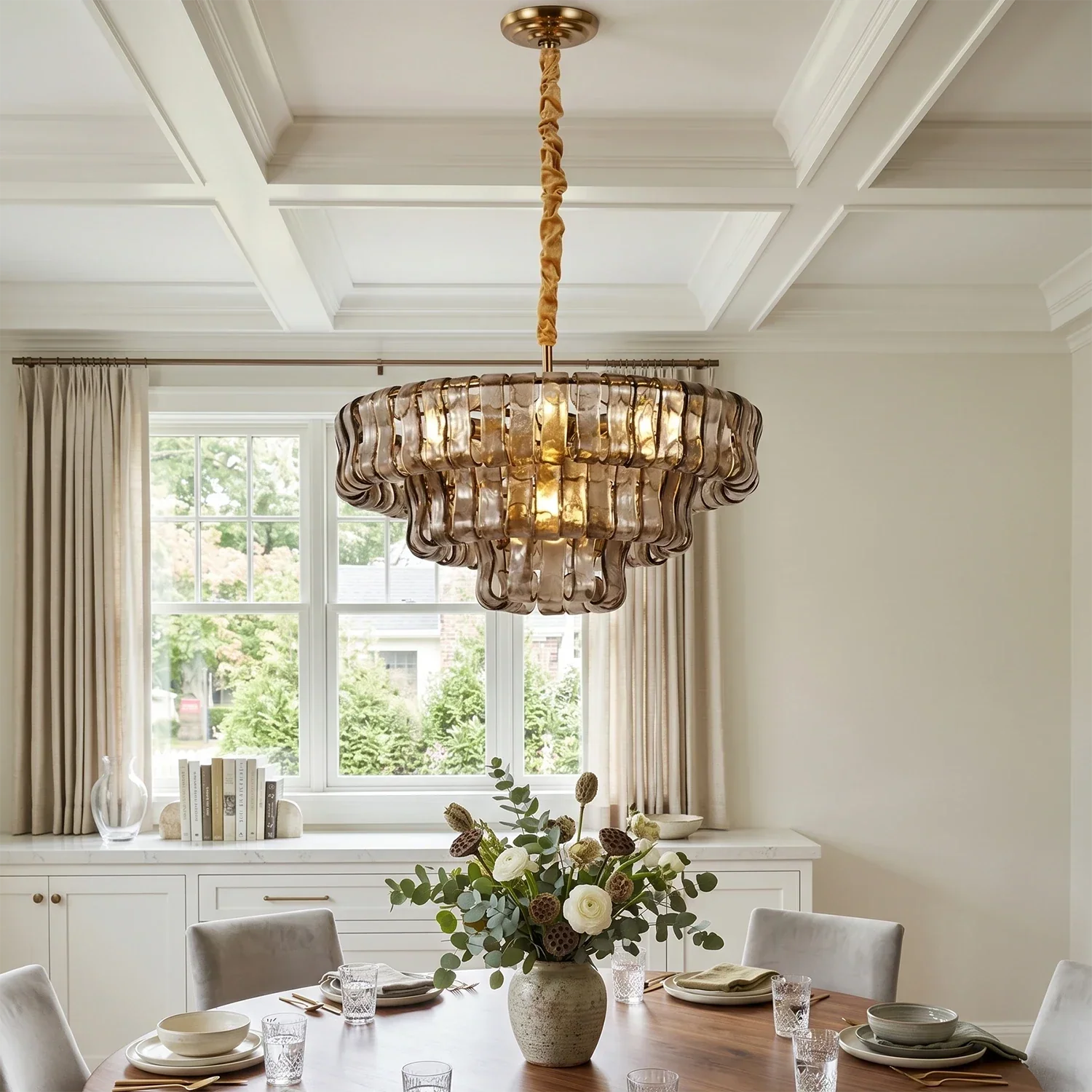Lustre rond en verre texturé avec structure métallique multicouche À intensité variable et réglable 60-152cm pour salon | Sansoti