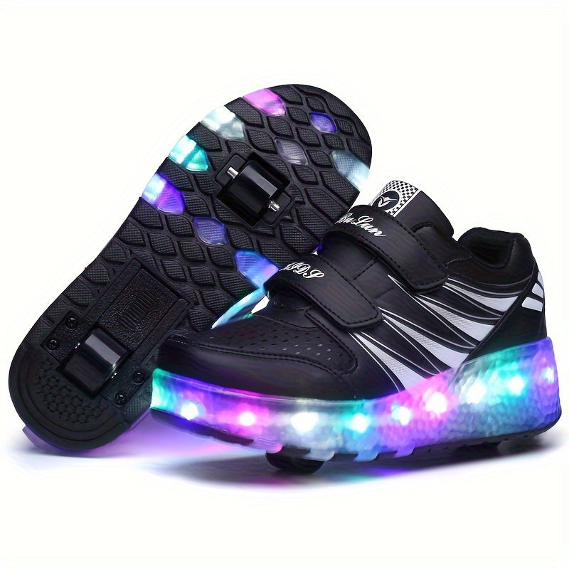 Roller sneakers kinderen LED kunstleer roze met wieltjes afneembaar schoenen skates lichtgevende kinderschoenen | Sansoti