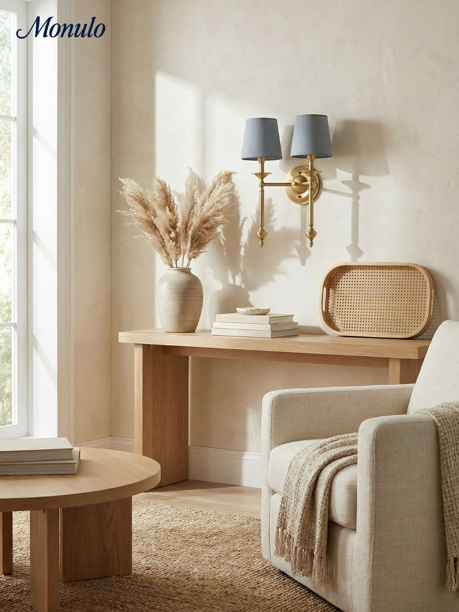 Stoffen Wandlamp met Vintage Koperen Afwerking – Sfeervolle Verlichting voor Hal, Slaapkamer en Woonkamer | Sansoti