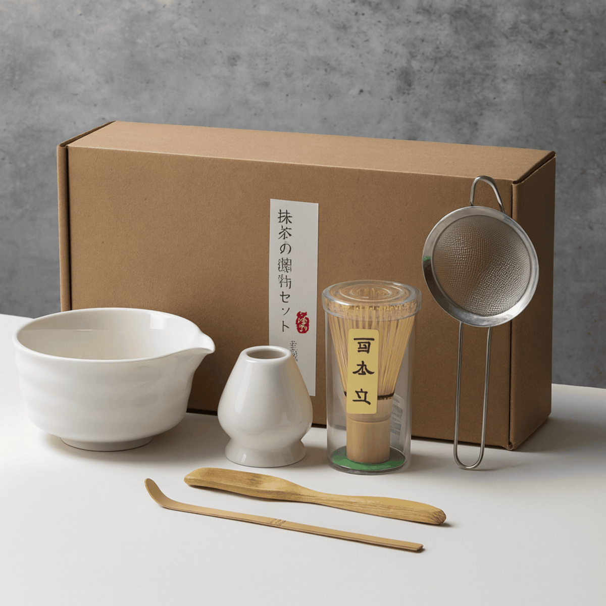 Matcha Thee Set 6-Delig Keramiek Bamboe Klopper Kom Lepel Zeef Traditioneel Japans Ceremonie Ritueel | Sansoti