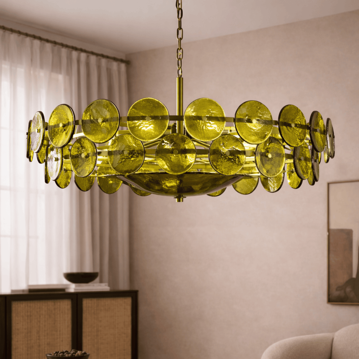 Runder Kronleuchter aus grünem Glas mit verstellbarer Kette, Deckenleuchte im skandinavischen Design für Wohnzimmer und Esszimmer | Sansoti