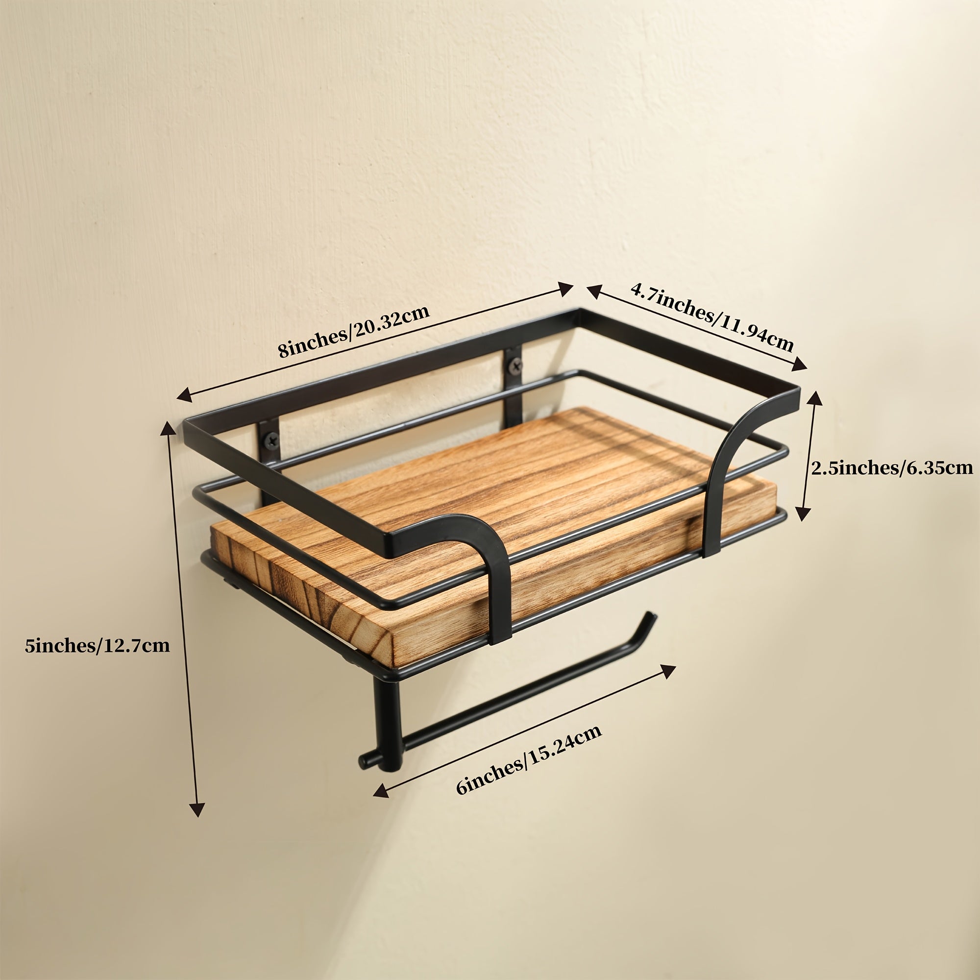 Wandplank Badkamer Smeedijzer Hout met Toiletrolhouder 20cm Zwart Toilet Opberger Wc Rek Muurplank | Sansoti