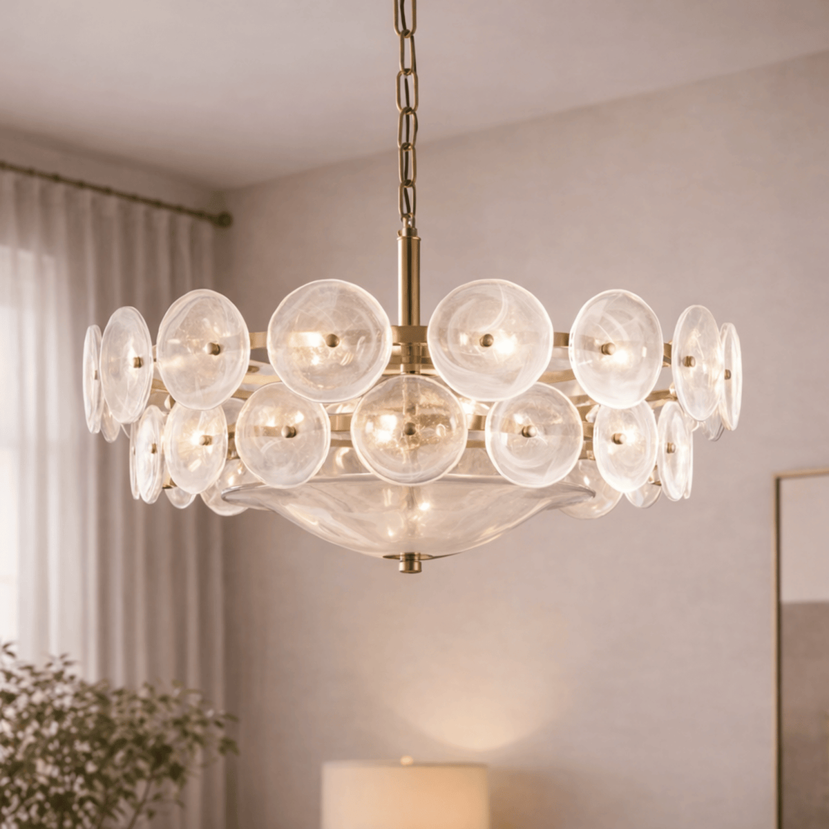 Kronleuchter mit Glasscheiben, Hängeleuchte, Ring, Gold, Schwarz, Chrom, verstellbar, Esszimmer, Wohnzimmer, modern, skandinavisch | Sansoti