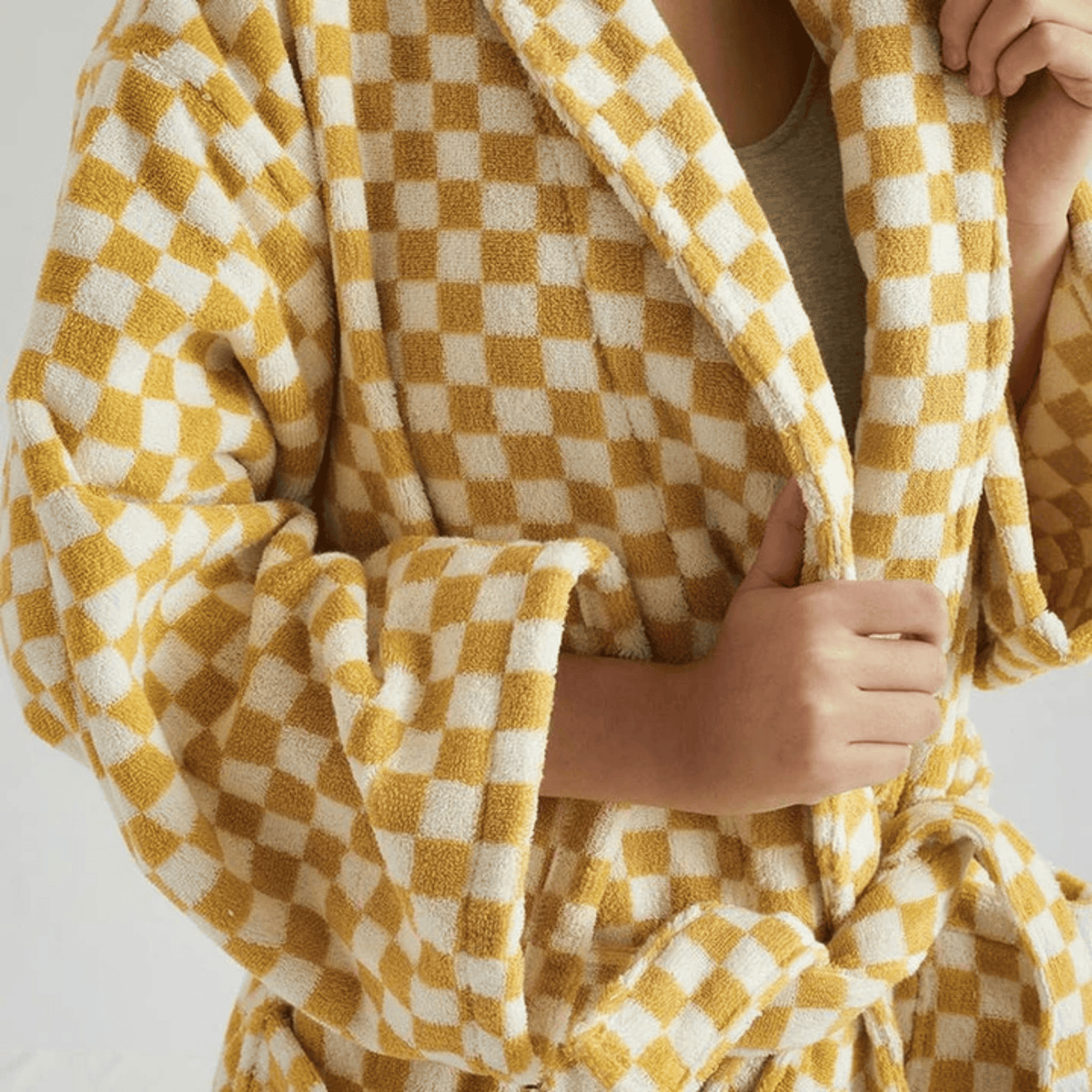 Organic Cotton Bathrobe with Checked Jacquard Weave Texture Green Yellow Loungewear Wellness Spa Women's | Sansoti