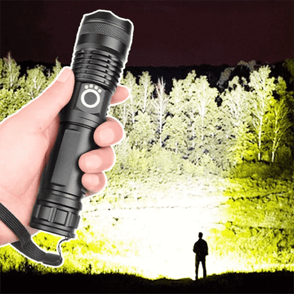 Ładowalna latarka LED 90000 lumenów, teleskopowa, USB, aluminiowa, wodoodporna, outdoorowa, na kemping, polowanie i do poszukiwań | Sansoti