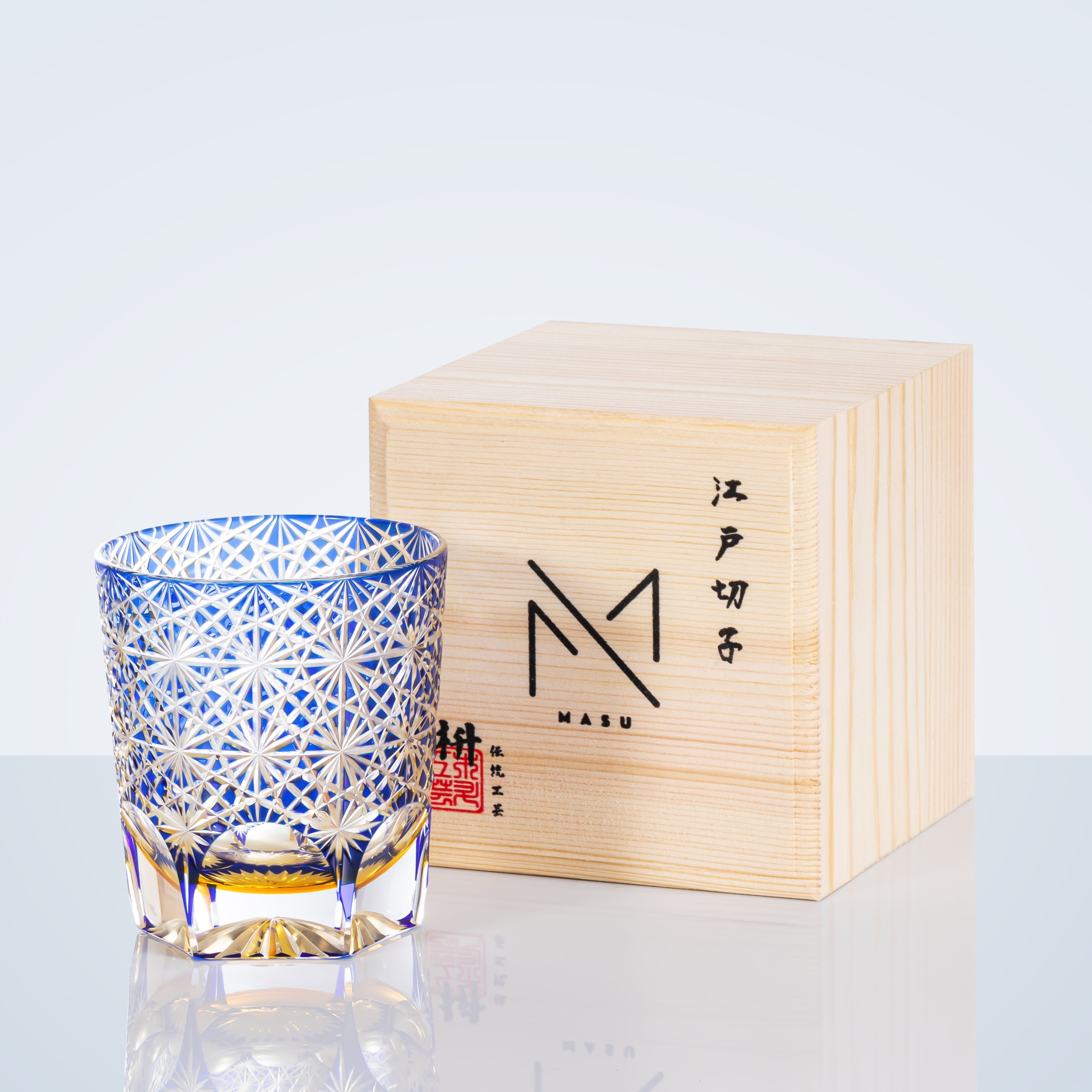 Whiskeyglas Edo Kiriko Blauw Amber Handgemaakt Sterchysant Sterrenzee Japans Kristal | Sansoti