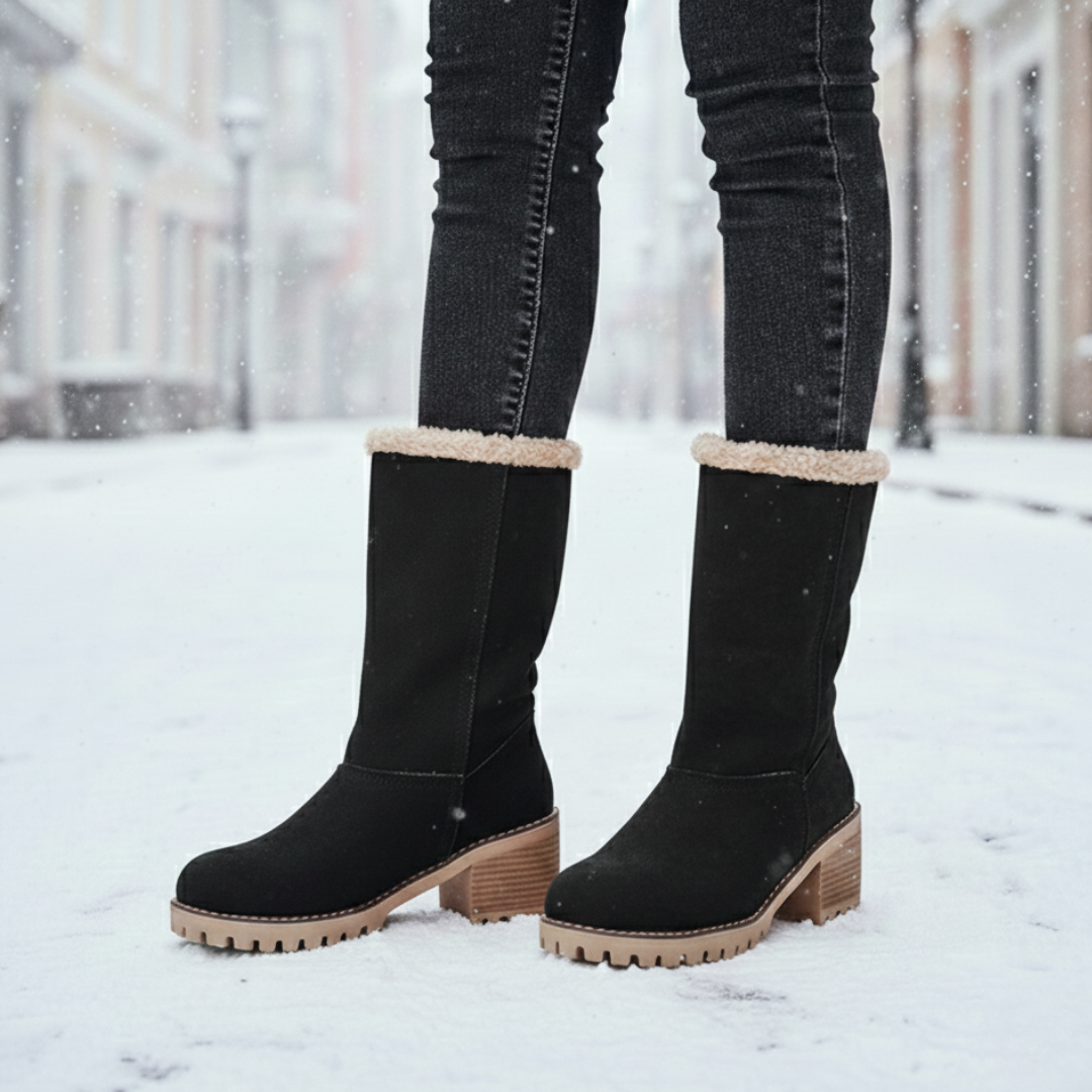 Damenstiefel Winter Warm Gefüttert Kunstsuede Blockabsatz Rutschfeste Stiefeletten Schwarz Braun Bequem Damen | Sansoti