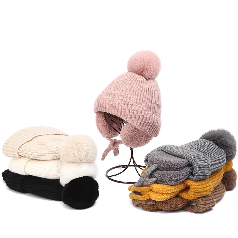 Bonnet tricoté pour enfants avec protège-oreilles et pompon, doublure douce en polaire, bonnet d'hiver chaud pour garçons et filles | Sansoti