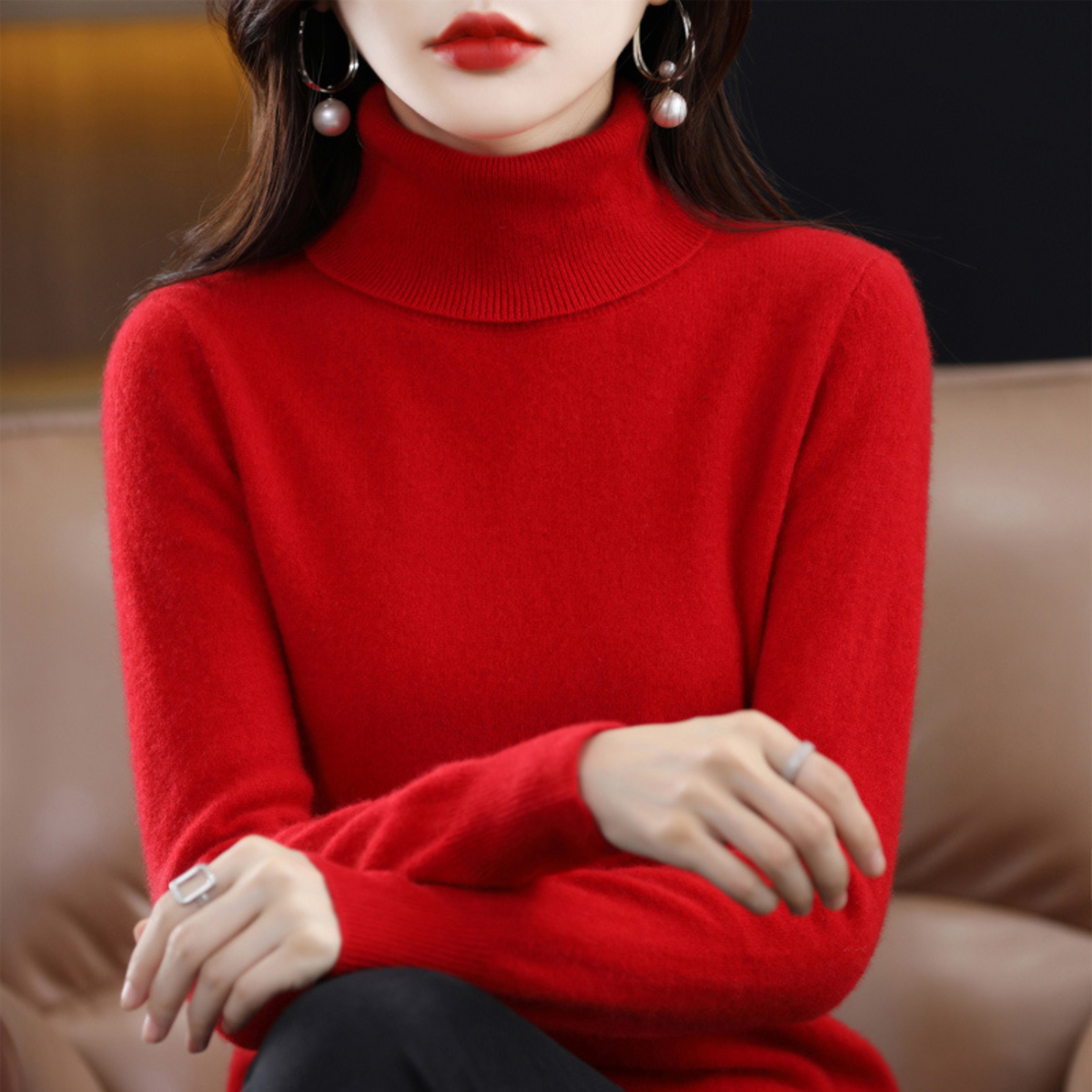 Jersey de cachemira de punto con cuello alto para mujer Negro Blanco Gris Rosa Lila Rojo Azul Marrón Básico elegante de otoño e invierno | Sansoti