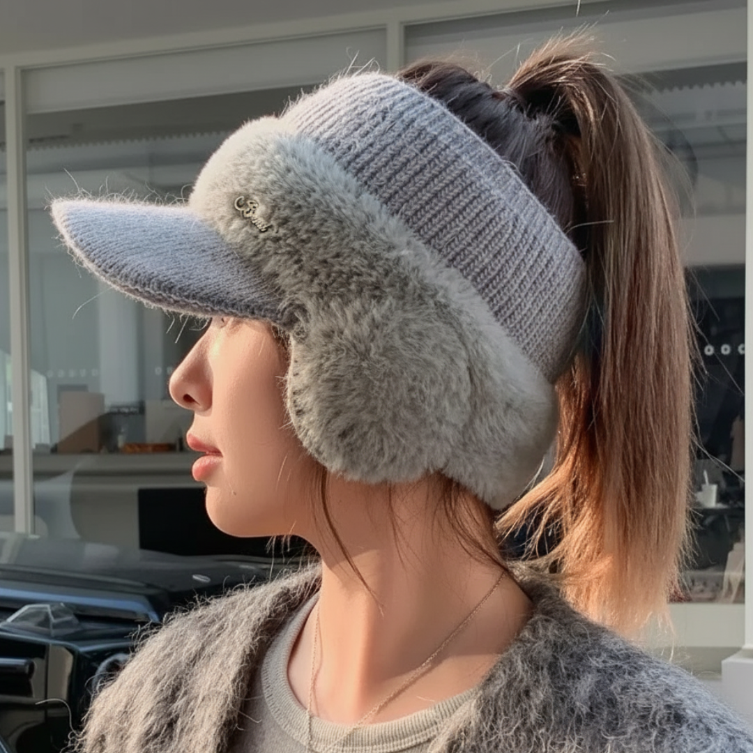 Gebreide Wintermuts met Oorflappen en Paardenstaartopening voor Dames Outdoor Wandelen Winter Sport Activiteiten | Sansoti