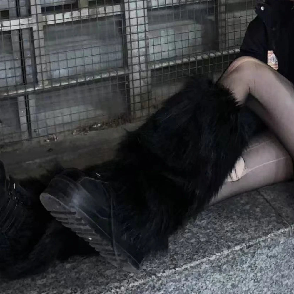 Fluffy Faux Fur Leg Warmers Black Winter Low Over Boots Harajuku Cosplay Accessory Streetwear Fashion | Sansoti