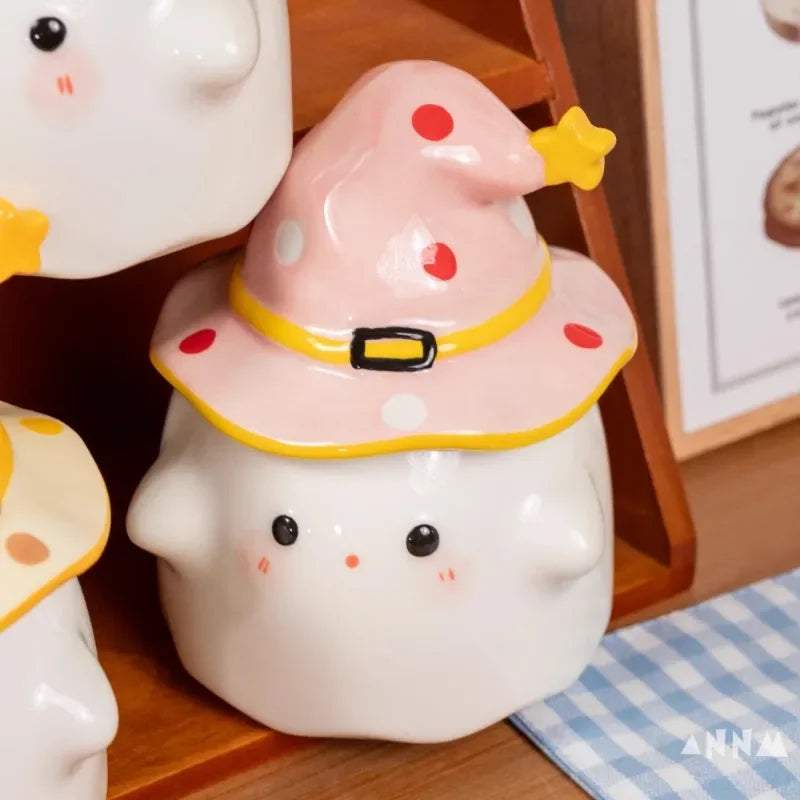 Ceramic Ghost Mug with Lid 300-400ml for Coffee Tea Hot Drinks Halloween Style Spooky Decoration | Sansoti