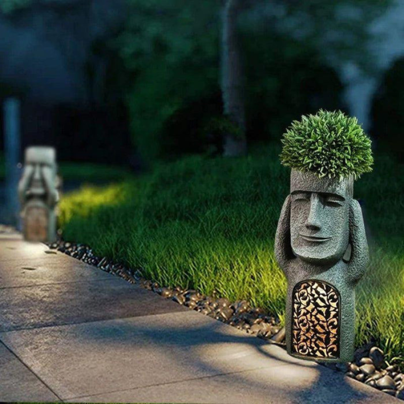 Gezicht Plantenpot met Zonne-LED Verlichting Grijs Kunstharz 25 cm Drie Wijze Apen Motief Sculptuur voor Tuin Terras Binnen en Buiten Weerbestendig Decoratief Solarpaneel Minimalistische Gezichtsvorm | Sansoti