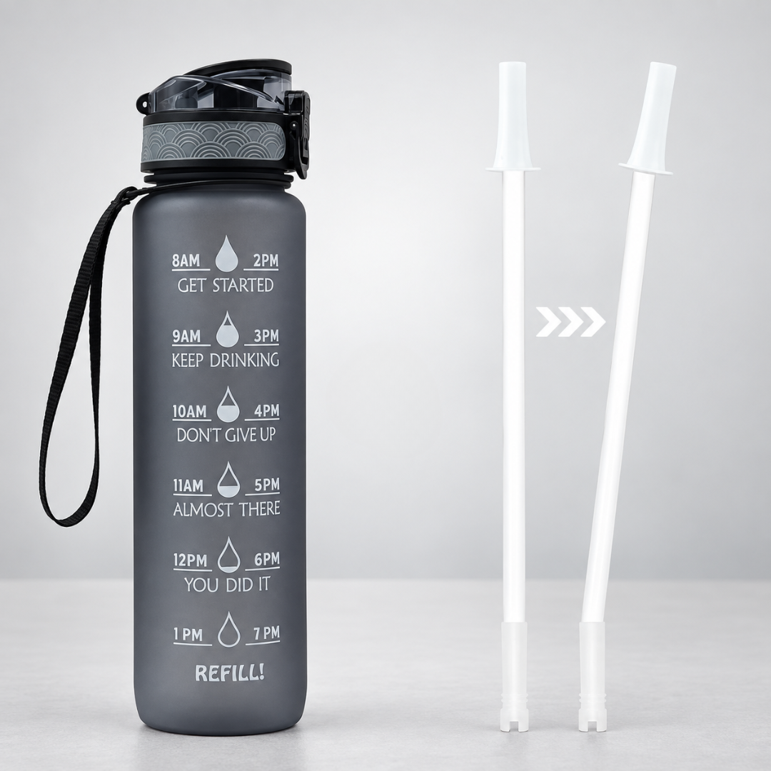 Trinkflasche mit Zeitmarkierungen 1000ml, Motivation zur Flüssigkeitsaufnahme, BPA-frei, Sport, Fitness, Flüssigkeitsversorgung, Zeitplan, täglich | Sansoti