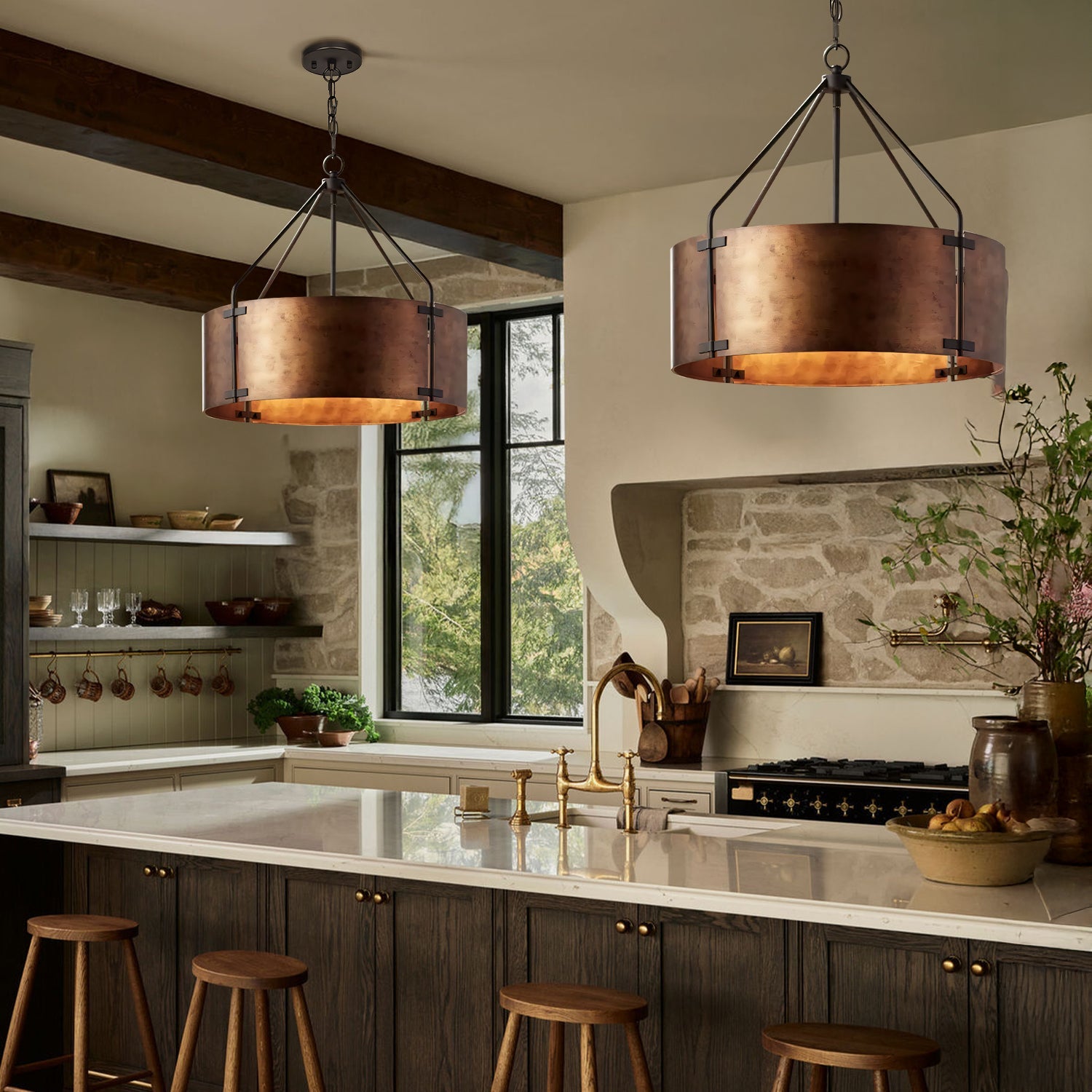 Industriële Hanglamp Trommel Roest Brons Metalen Kap 4 Lichtpunten Vintage Design Keukeneiland Eettafel Eetkamer | Sansoti