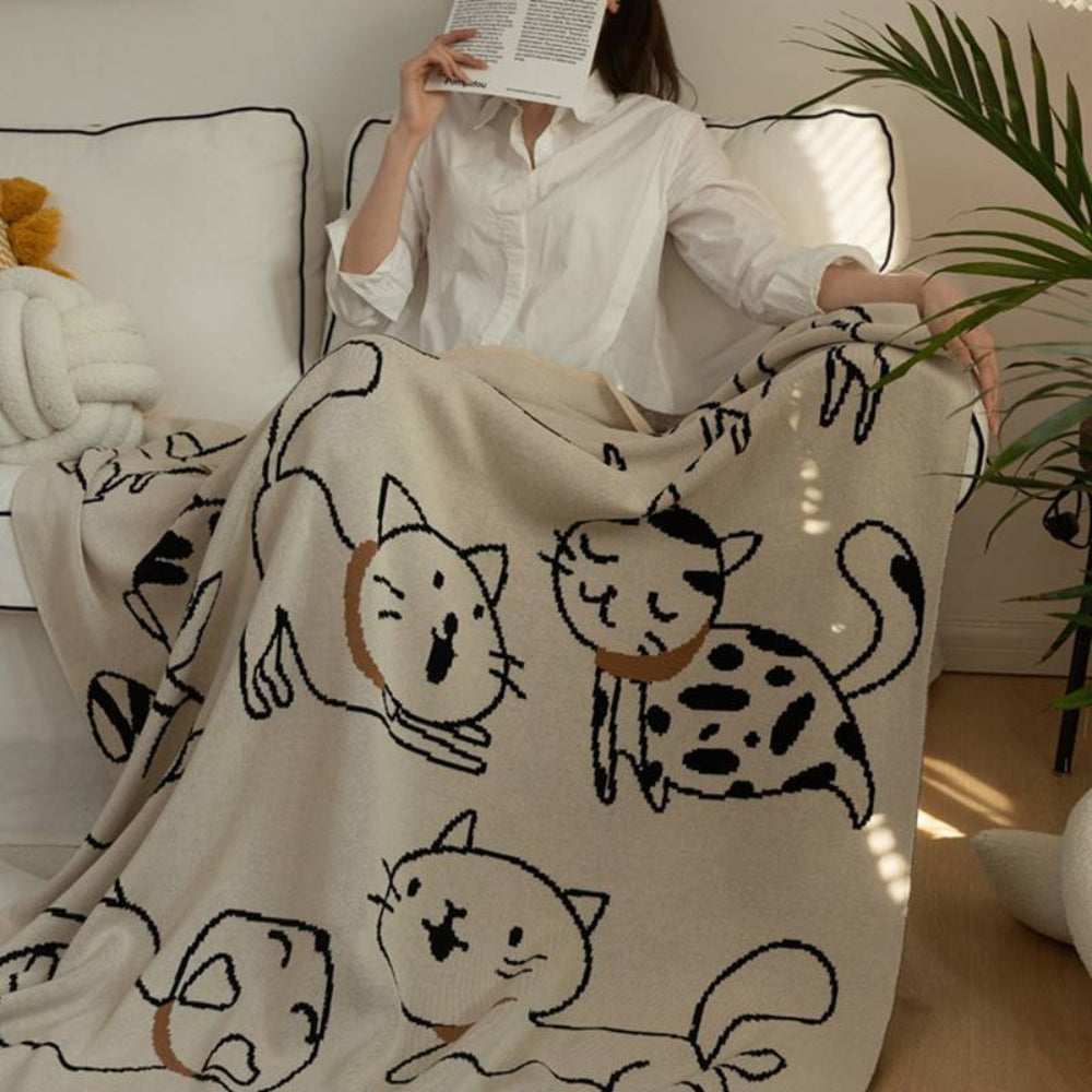Baumwolldecke mit Jacquard-Katzenmuster – Atmungsaktiv & weich für Sofa und Bett – 130x170cm Wohndecke | Sansoti