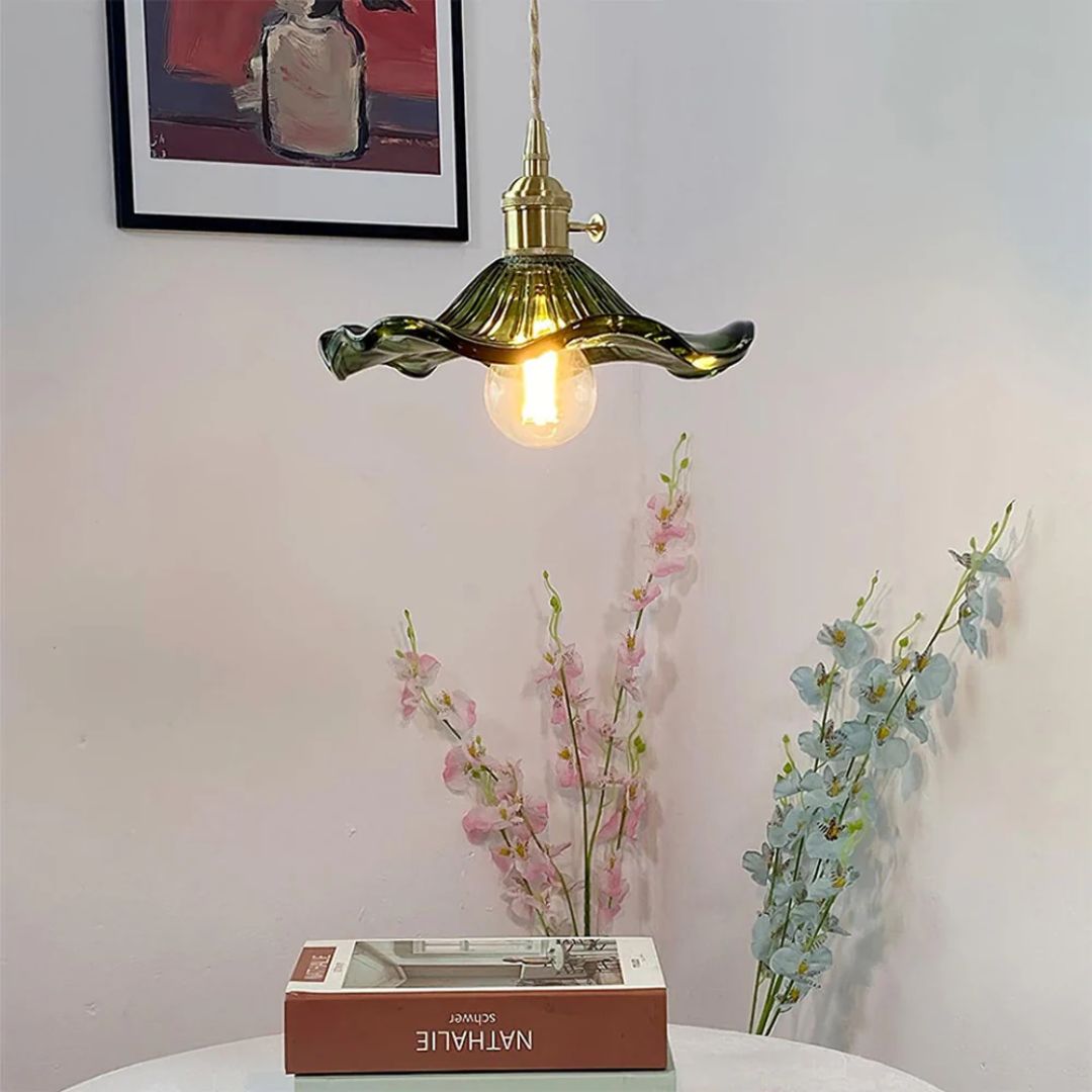 Hängelampe Glas E27 23cm Grün Messing Blumenform Esstisch Schlafzimmer Retro Beleuchtung Vintage Hängelampe | Restfield