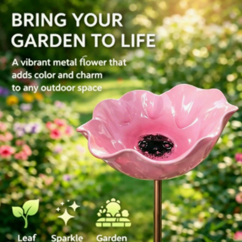 Metal Birdbath Garden Stake with Flower Design Drinking Bowl for Pollinators Weather-Resistant Garden Decoration | Sansoti