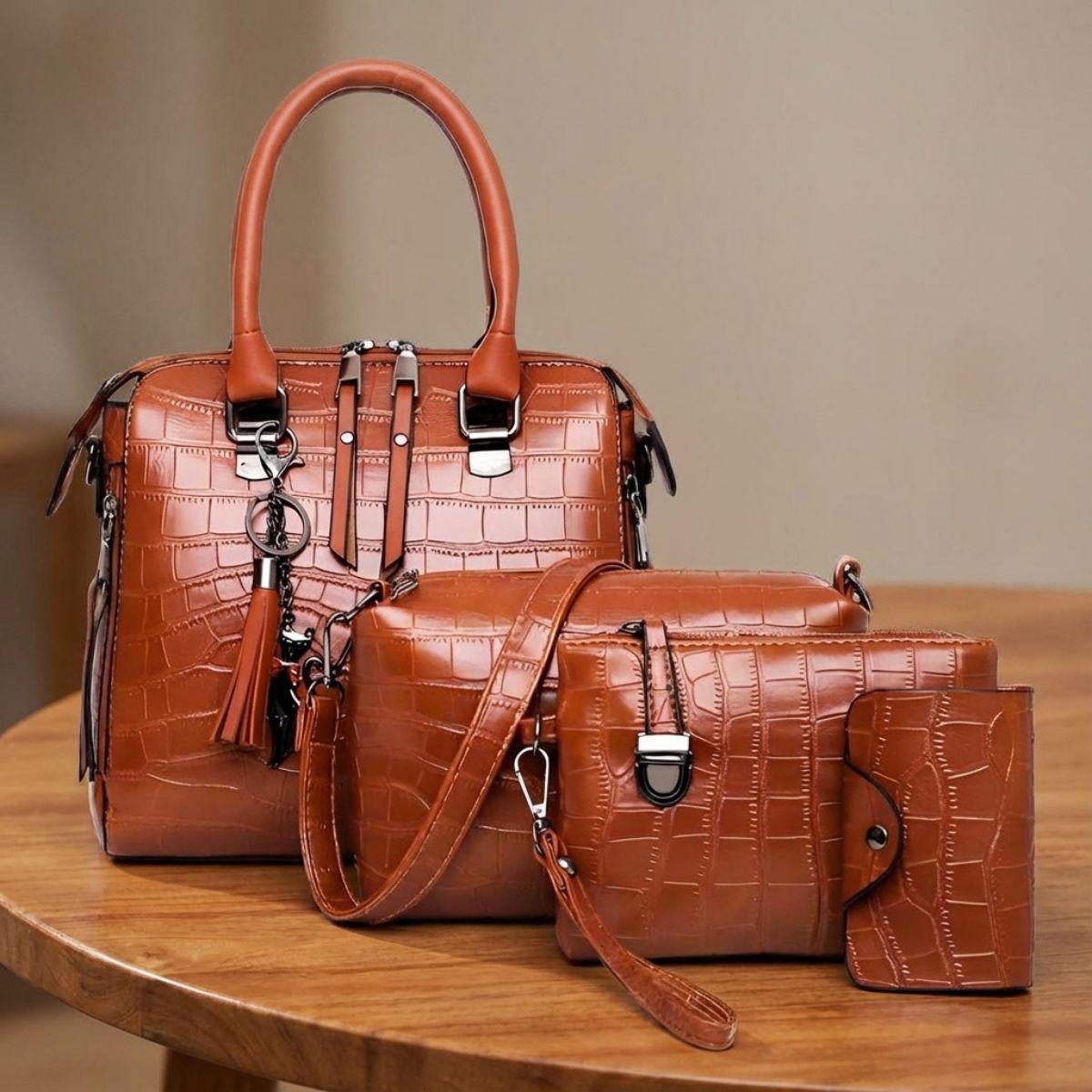 Vierdelige Leren Tassenset Dames Handtas Schoudertas Portemonnee Compacte Tas Kunstleer Elegant Praktisch | Sansoti