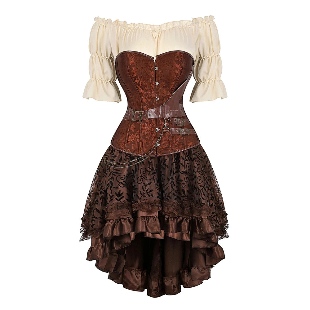 Pirate Corset Costume Set Faux Leather Off-Shoulder Blouse Layered Skirt Steampunk Gothic Halloween Costume | Sansoti
