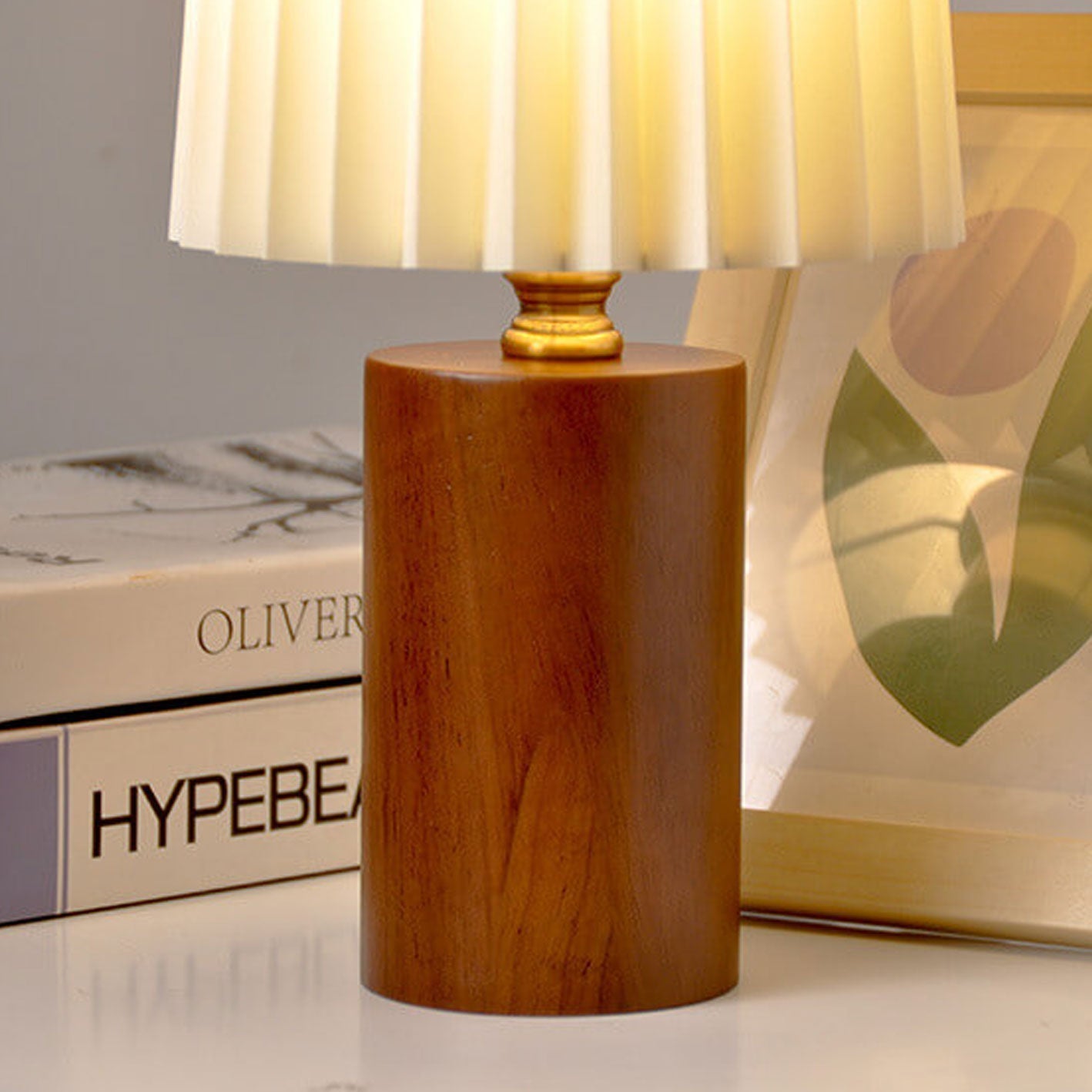Tischlampe mit Plissee-Schirm Holzbasis Vintage-Stil Dimmbares Stimmungslicht Nachttischlampe Wohnzimmer-Leselampe Retro-Design | Sansoti