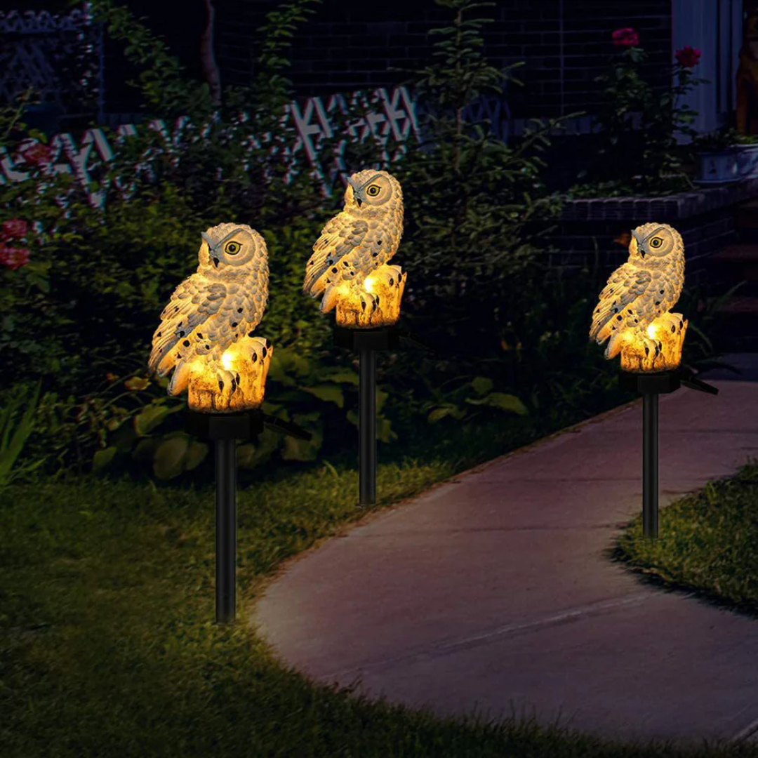 Solar-Gartenbeleuchtung Eule, dekorativ, 45 cm, warmweißes LED-Licht, wetterfest, stimmungsvolle Beleuchtung für Terrasse und Wege | Sansoti