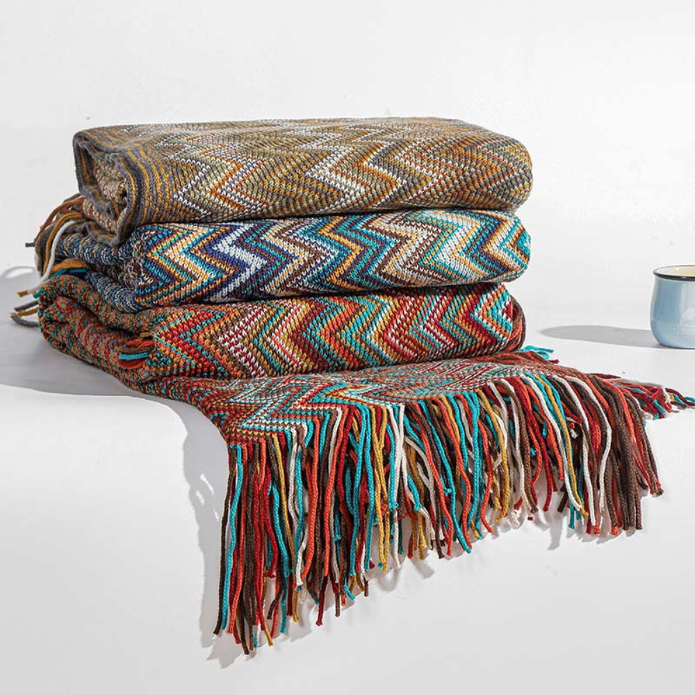 Knitted Throw with Zigzag Fringes – Soft Crochet Blanket for Sofa and Bed, All Seasons, Bohemian Style | Sansoti