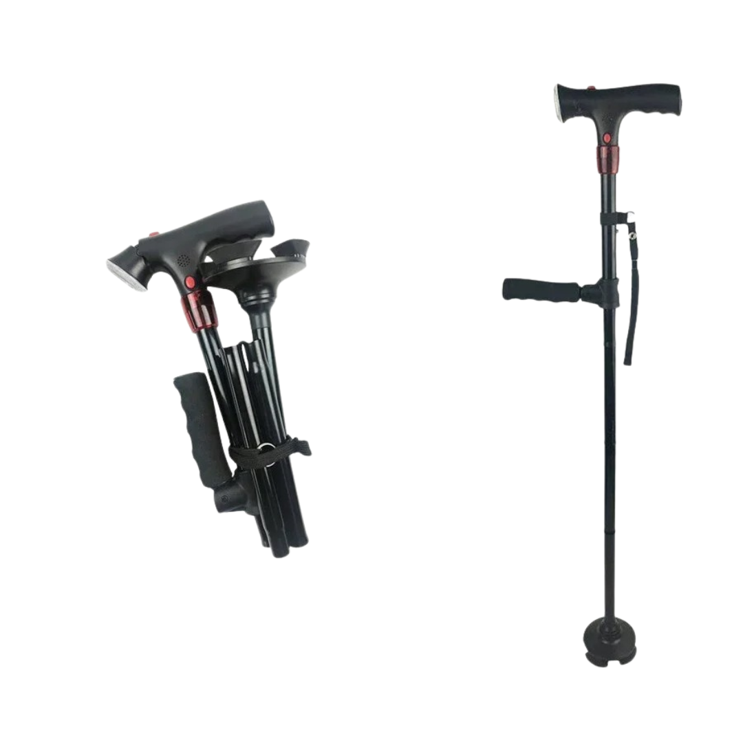 Foldable Quad Cane Aluminum Adjustable with LED Light Alarm 85-95cm Black Mobility | Sansoti