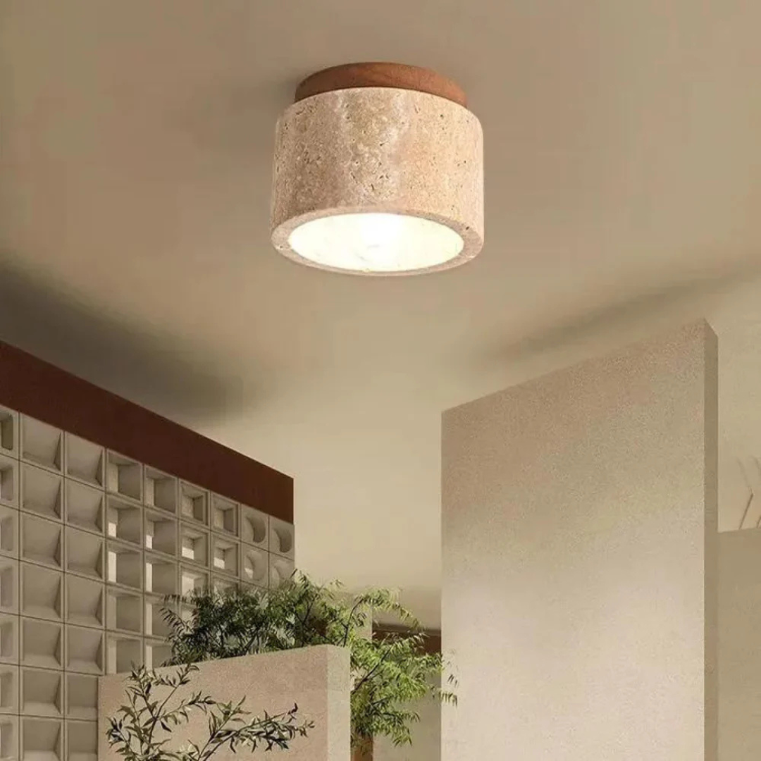 Plafonnier Travertin Cylindre Avec Accent Bois E27 12cm | Restfield