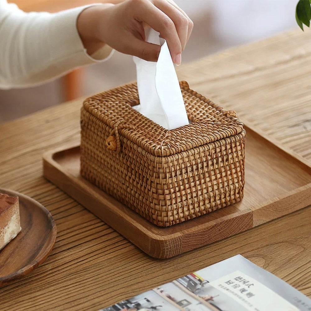 Handgevlochten Rattan Tissuebox met Deksel – Natuurlijke Opbergbox voor Tissues Woonkamer Slaapkamer Kantoor | Sansoti