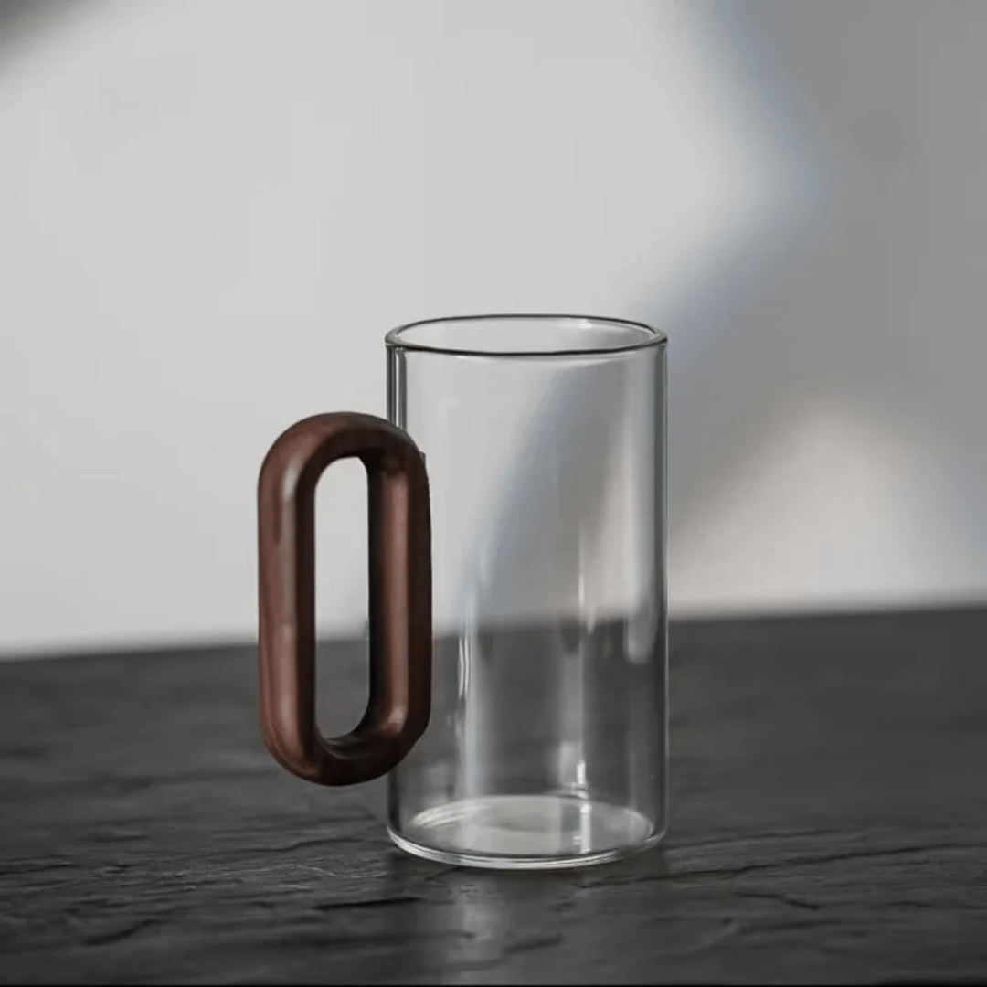 Glazen Mok met Houten Handvat 350ml Scandinavisch Design Thee Koffie Drinkbeker Handgemaakt Keukengerei | Sansoti