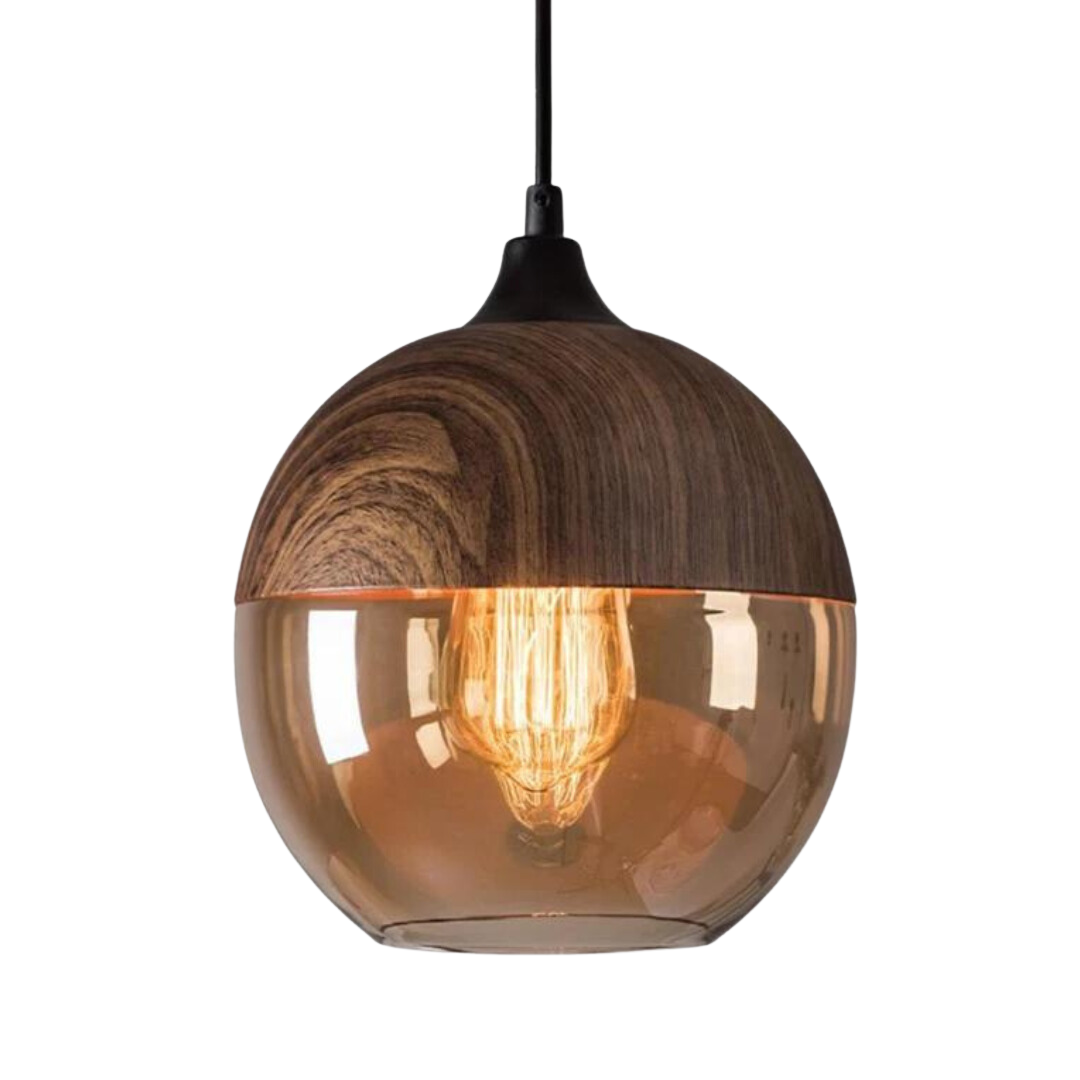 Scandinavische Hanglamp met Glazen Kap – Dimbaar Plafondlicht met Houtafwerking | Sansoti