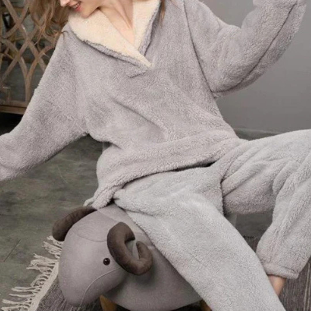 Fleece-Pyjama für Damen, zweiteilig, Langarmshirt & Hose, warmes Schlafset, Hausanzug, Winterkomfort, weiche Nachtwäsche | Sansoti