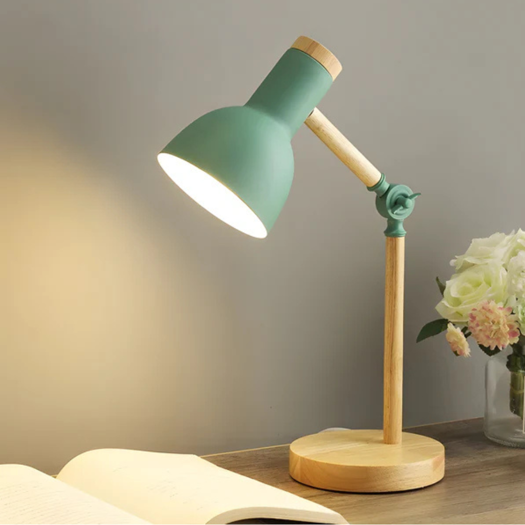Lampe de table réglable en bois et métal E27, lampe de bureau au design scandinave, liseuse pour espace de travail, éclairage d’ambiance à intensité variable | Sansoti
