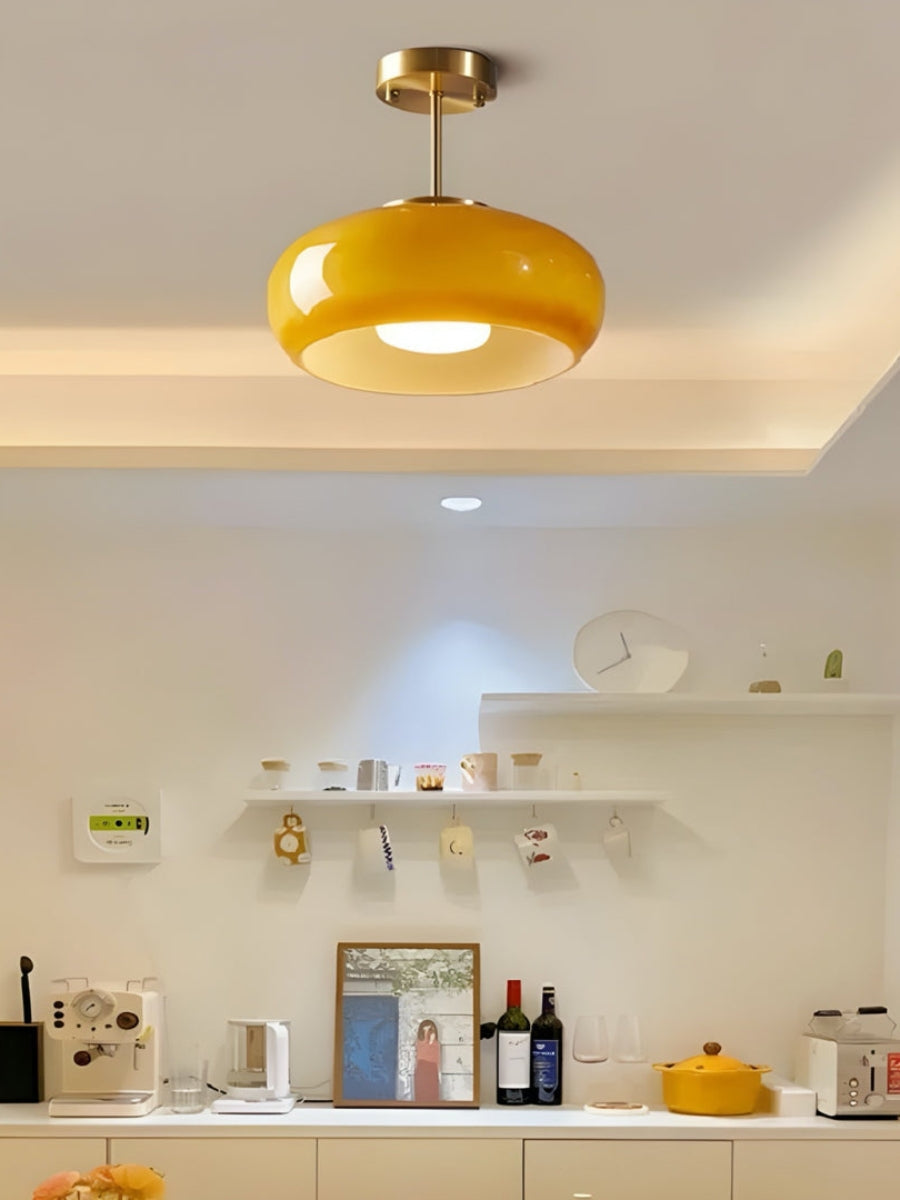 Plafondlamp Glazen Schijf Bauhaus Design Messing of Chroom Oranjegeel of Wit Glas Retro Stijlvolle Verlichting | Sansoti