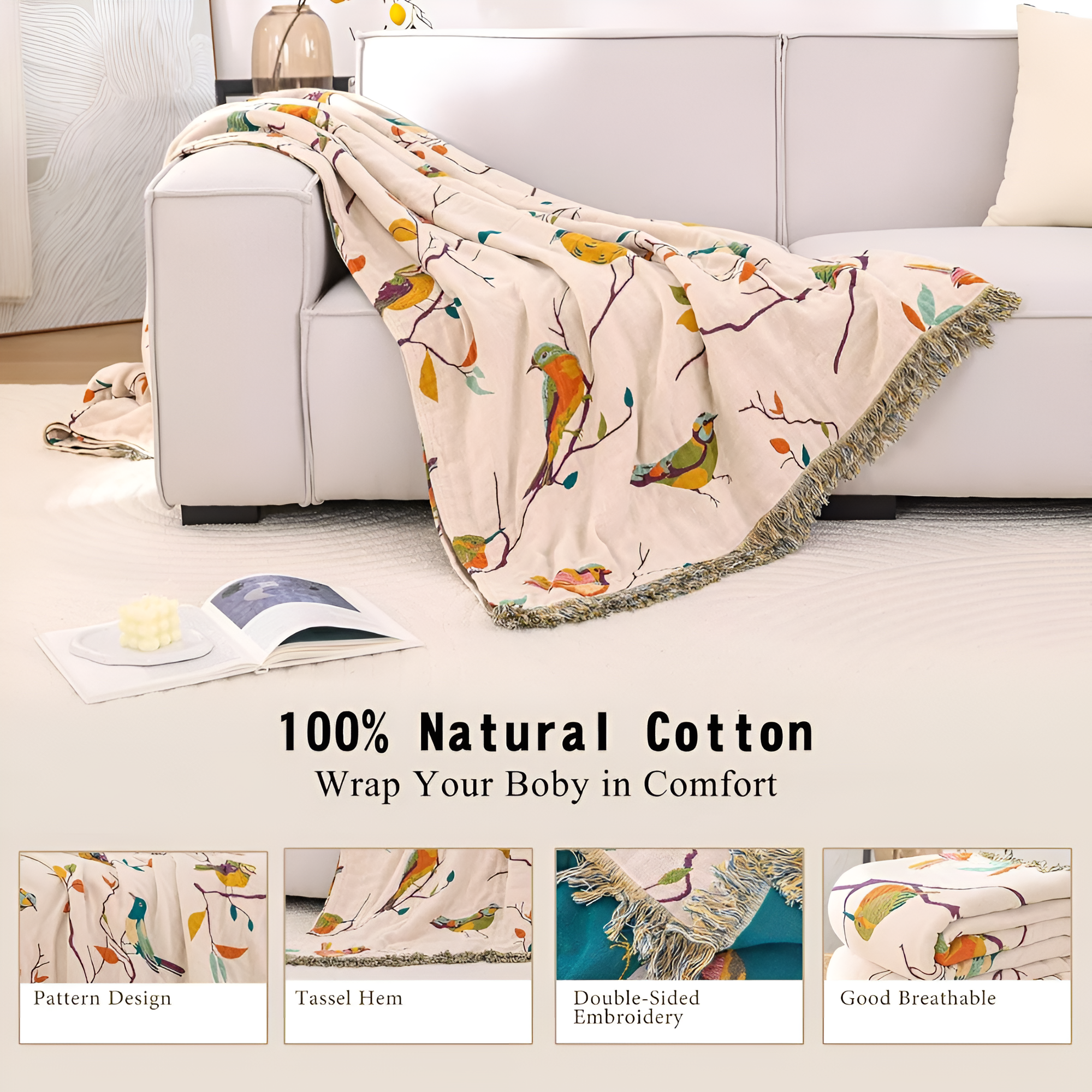 Katoenen Plaid met Vogelmotief en Kwastjes – Vintage Boho Stijl Deken voor Bank, Bed of Picknick | Sansoti
