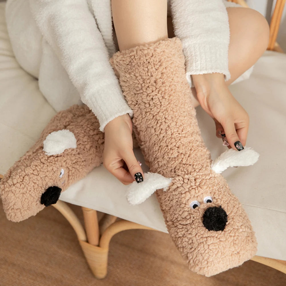 Plush house socks with dog motif for warm feet and legs, women's winter non-slip comfort socks, house socks | Sansoti