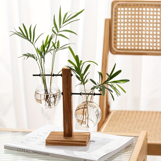 Glazen Vaas op Houten Standaard Decoratief Retro Hydroponics Plantenpot Transparant Glas Sfeeraccent voor Bloemen en Stekjes | Sansoti