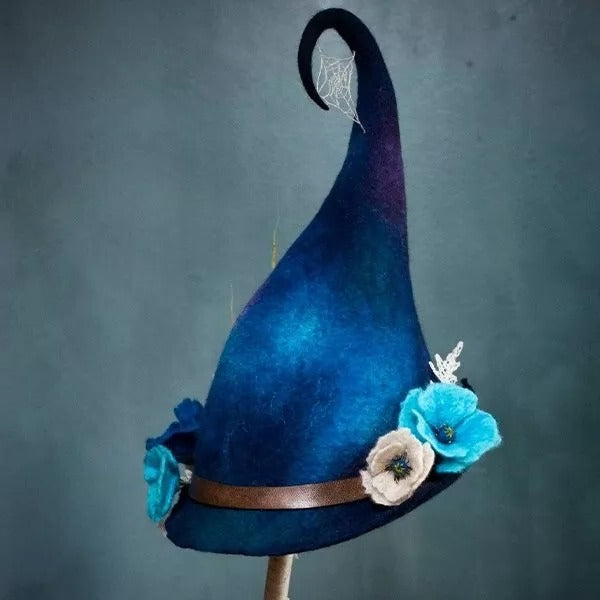 Handgefertigter Hexenhut aus Filzwolle, lila, rot und blau, für Halloween, Partykostüm, Dekoration, Vintage-Accessoire | Sansoti