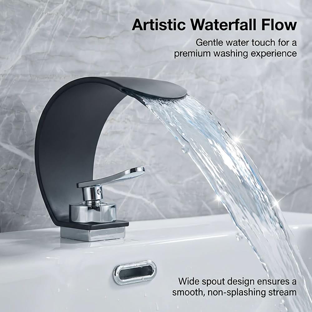Wasserfall-Waschtischarmatur, gebogen, Chrom, Edelstahl, Spiegelfinish, Einhebelmischer, Einlochmontage, moderne Badarmatur | Sansoti